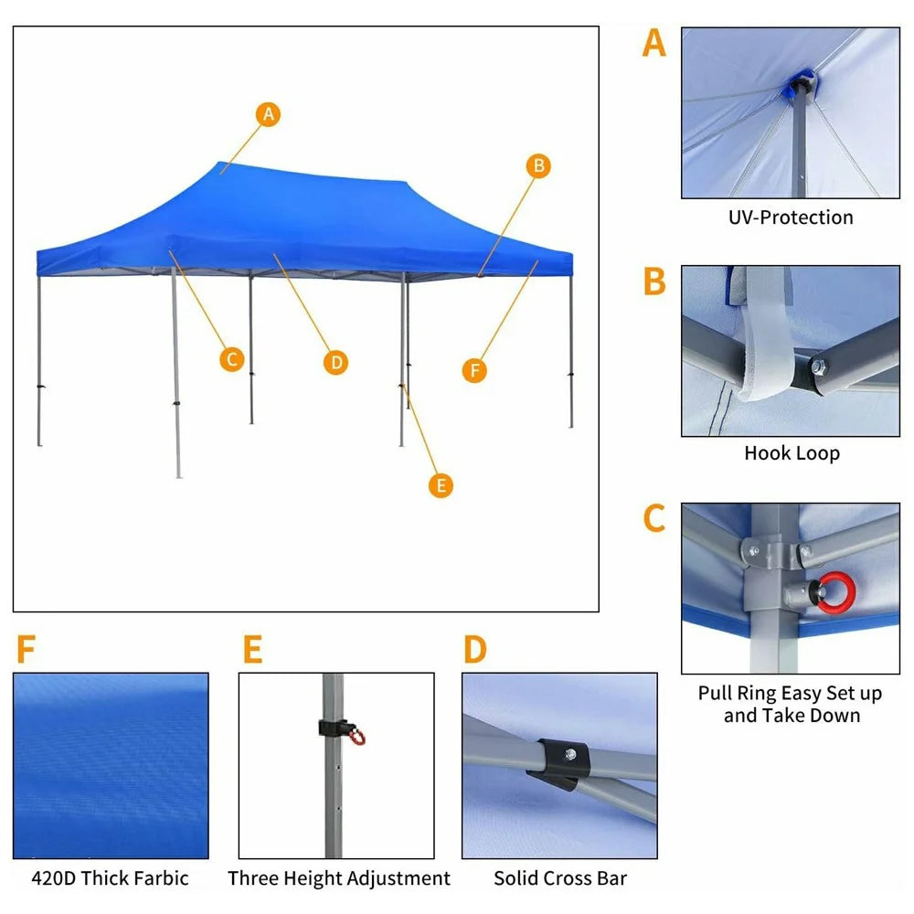6x3m Pop Up Canopy Tent Without Sidewalls 3-Height Adjustable Waterproof UV Protection Gazebo Canopy for Outdoor Party Beach - Blue - 4