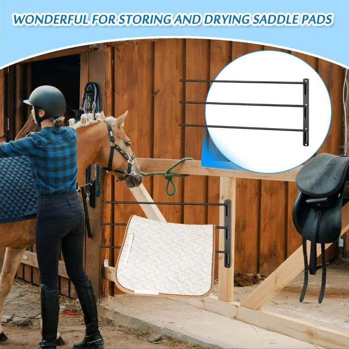 Wall Mounted Horse Saddle Pad Rack with 3 Bars Barn Tack Swinging Blanket Holder Stand - 3