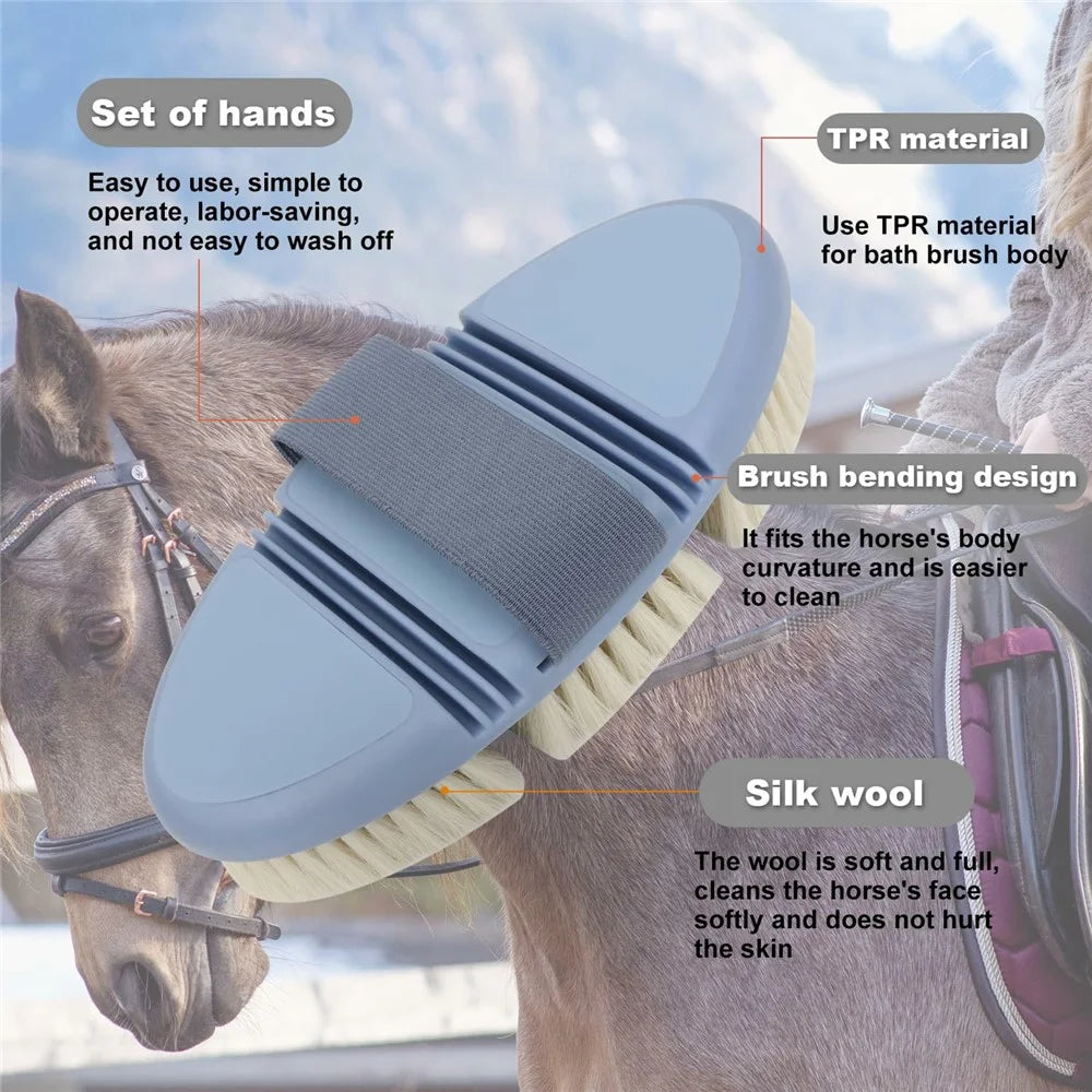 Equestrian Grooming Brush Horse Care Elastic Band Hand-Held Brush for Cleaning / Bathing - Wool Bristles - 4