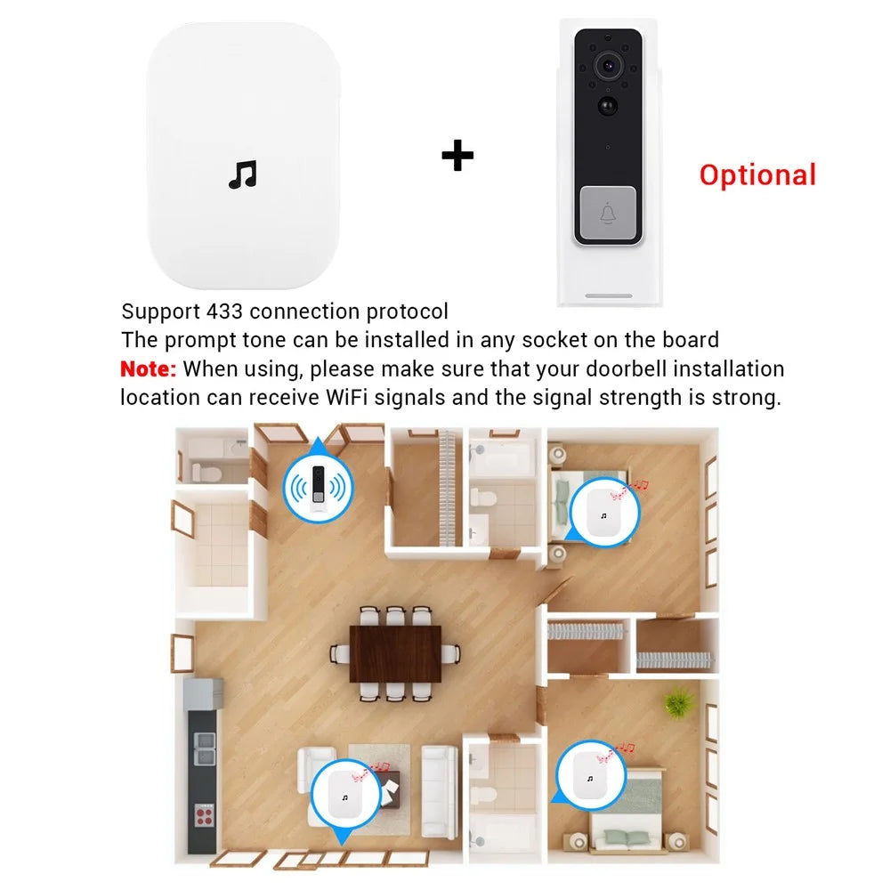 433MHz Plug-in Chime Wireless Video Doorbell Adjustable Volume Music Selection Ding-Dong Door Bell - White US Plug - 2
