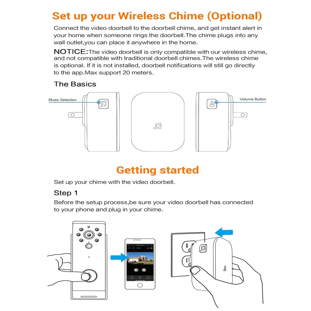 433MHz Plug-in Chime Wireless Video Doorbell Adjustable Volume Music Selection Ding-Dong Door Bell - White US Plug - 4