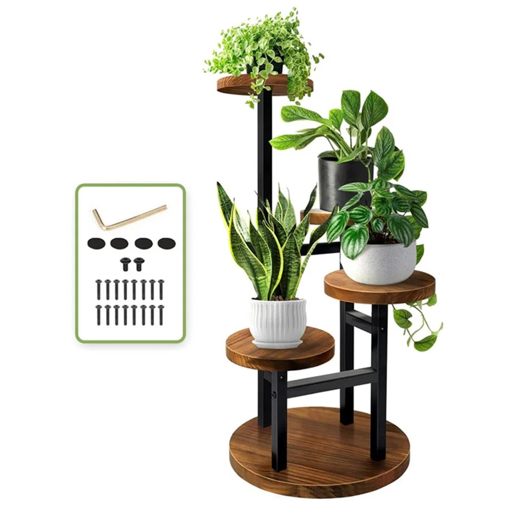 Four-Tier Plant Stand Wood+Metal Living Room Balcony Succulent Flower Pot Holder Display Rack - 1