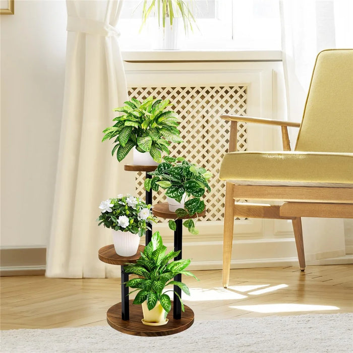 Four-Tier Plant Stand Wood+Metal Living Room Balcony Succulent Flower Pot Holder Display Rack - 4