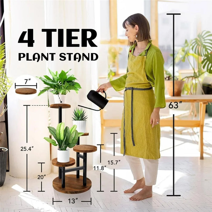 Four-Tier Plant Stand Wood+Metal Living Room Balcony Succulent Flower Pot Holder Display Rack - 5