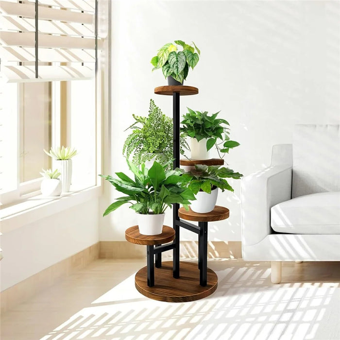 Four-Tier Plant Stand Wood+Metal Living Room Balcony Succulent Flower Pot Holder Display Rack - 6