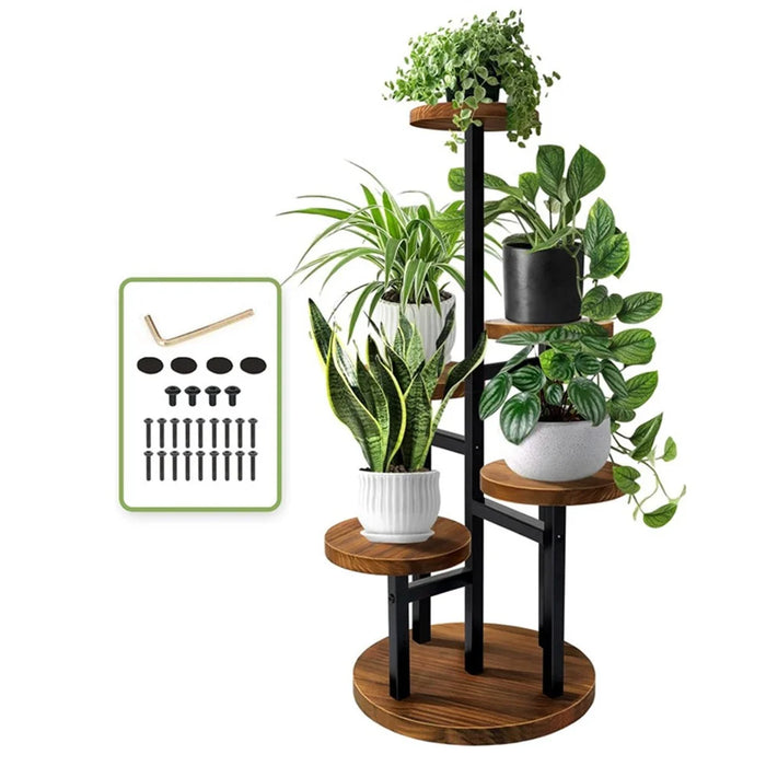 Five-Tier Plant Stand Wood+Metal Living Room Balcony Succulent Flower Pot Holder Display Rack - 1