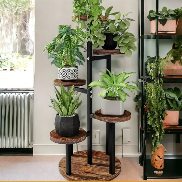 Five-Tier Plant Stand Wood+Metal Living Room Balcony Succulent Flower Pot Holder Display Rack - 4