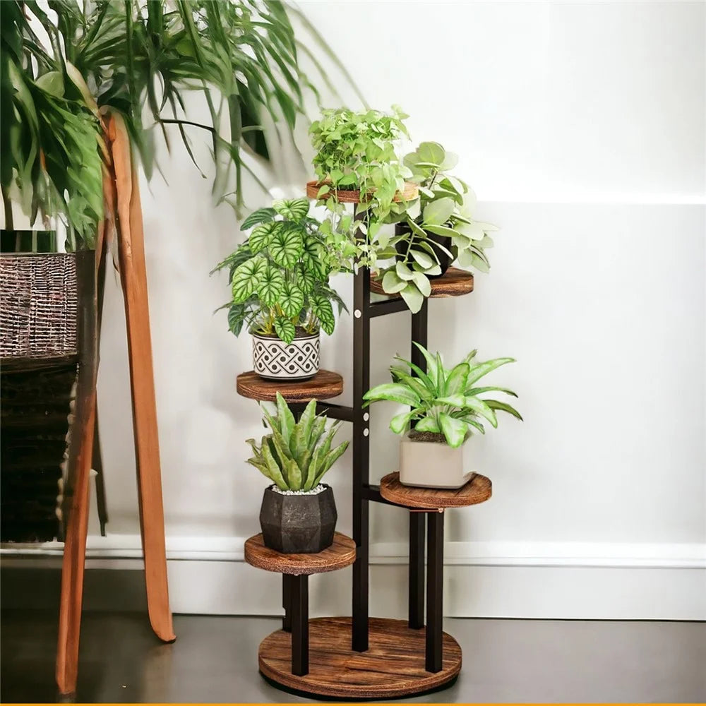 Five-Tier Plant Stand Wood+Metal Living Room Balcony Succulent Flower Pot Holder Display Rack - 5
