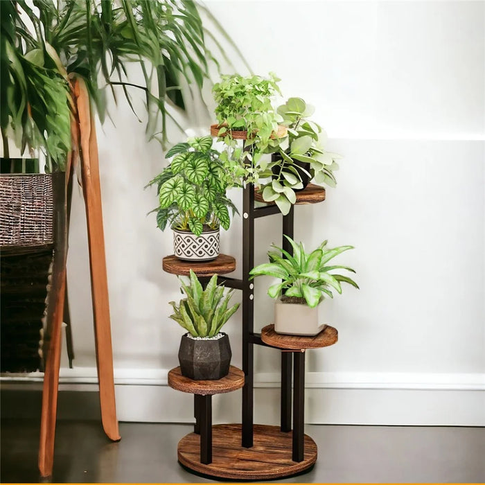Five-Tier Plant Stand Wood+Metal Living Room Balcony Succulent Flower Pot Holder Display Rack - 5