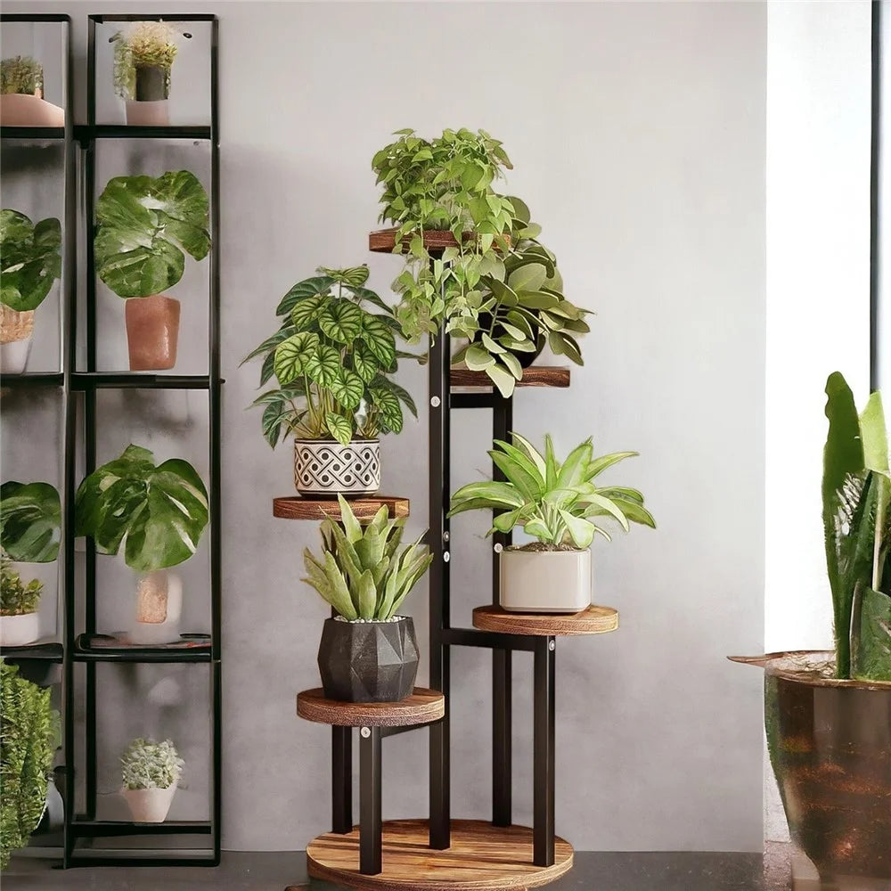 Five-Tier Plant Stand Wood+Metal Living Room Balcony Succulent Flower Pot Holder Display Rack - 6