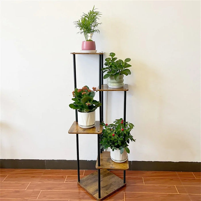 Indoor Iron Frame Wooden Flower Pot Rack Living Room Balcony Flower Plant Holder Floor Stand - 5