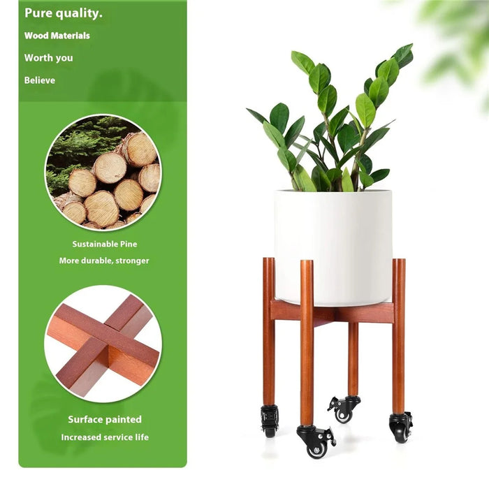Wooden Plant Stand with Wheels Rolling Flower Pot Holder for Indoor Outdoor Balcony - Reddish Brown - 3