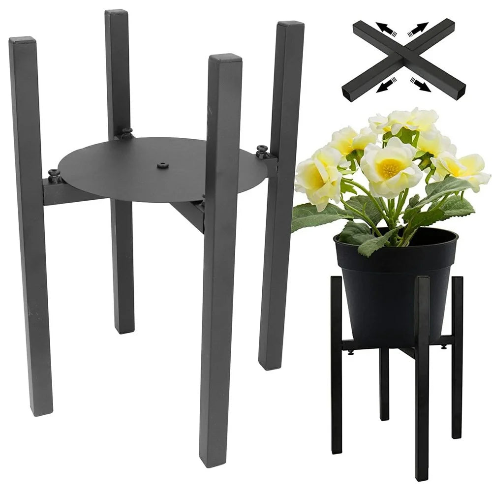 Cross Square Iron Tube Retractable Plant Stand with Round Tray Flower Pot Holder Garden Home Decor - 1
