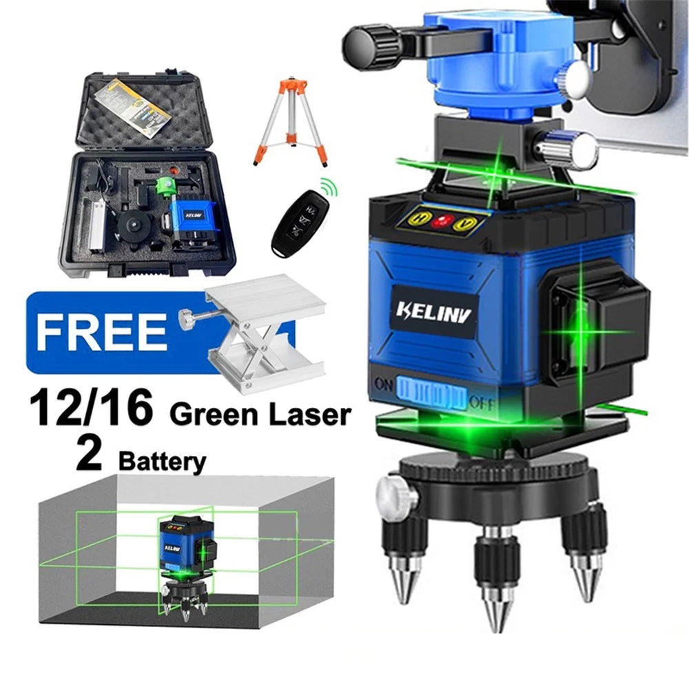 KELINV 360-Degree Rotating Laser Level Self-leveling Laser Level Meter 3D Green 12 Line Horizontal and Vertical Cross Line Tool Set for Home School Factory - EU Plug - 2