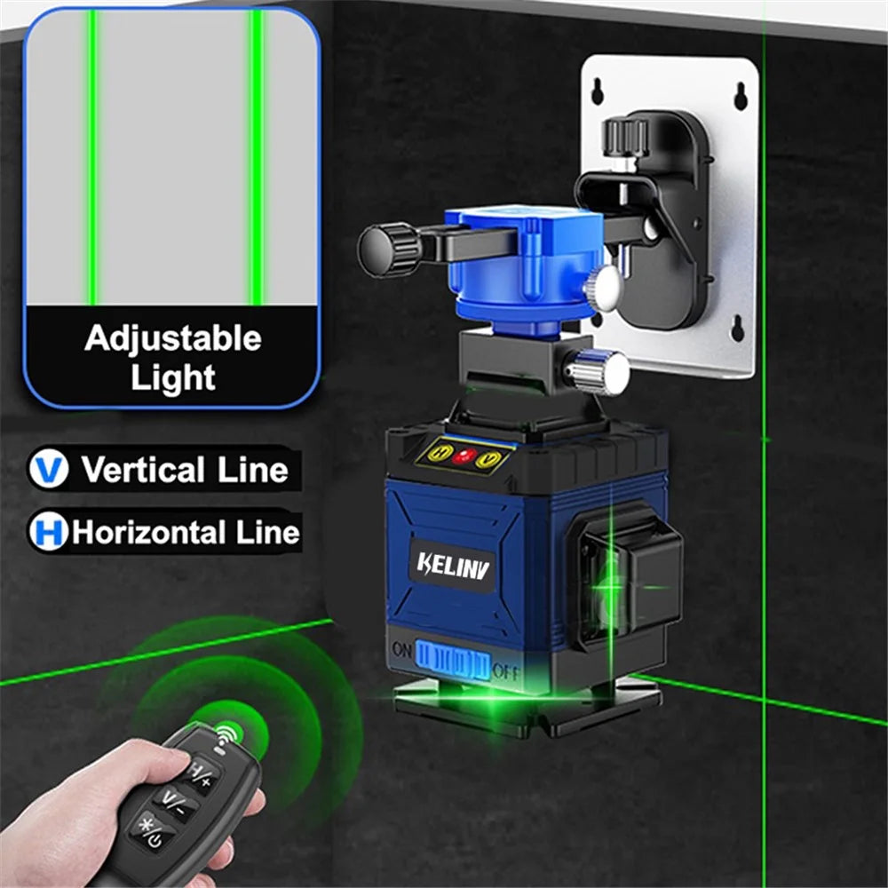 KELINV 360-Degree Rotating Laser Level Self-leveling Laser Level Meter 3D Green 12 Line Horizontal and Vertical Cross Line Tool Set for Home School Factory - EU Plug - 3