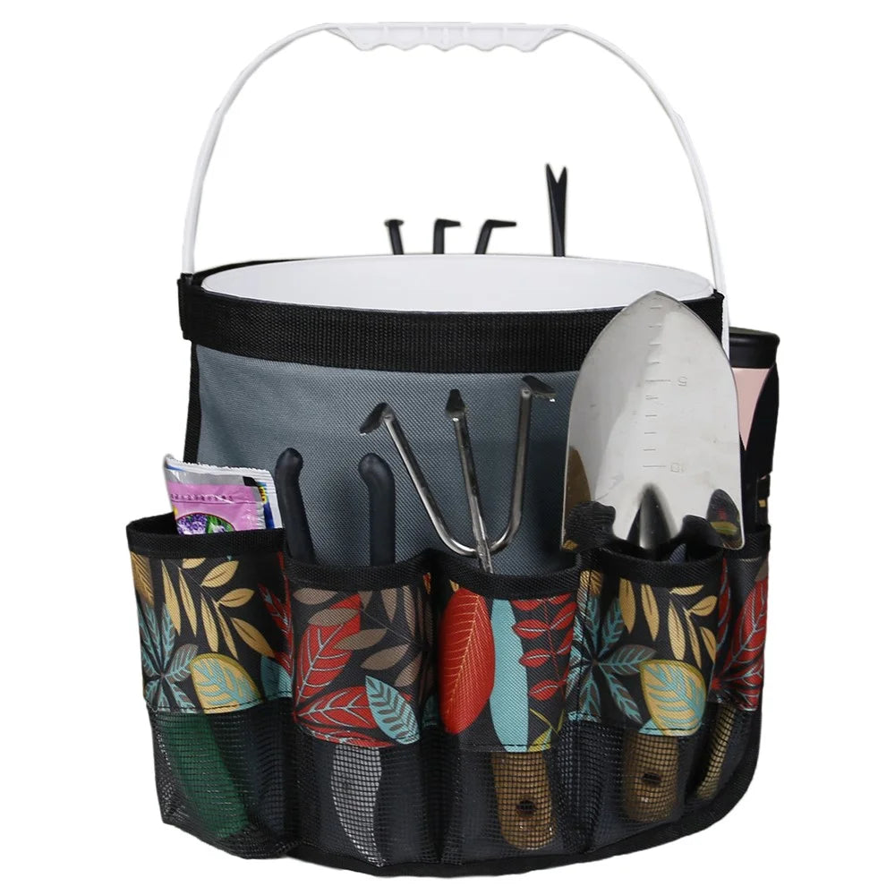 829807 600D Oxford Cloth Garden Tool Storage Bag 10 Pockets Gardening Tools Bucket Bag - Grey+Green Leaf - 3