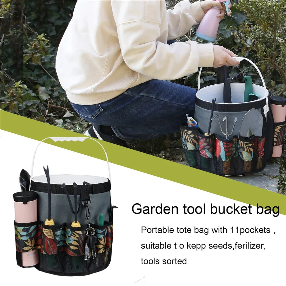 829807 600D Oxford Cloth Garden Tool Storage Bag 10 Pockets Gardening Tools Bucket Bag - Grey+Green Leaf - 6