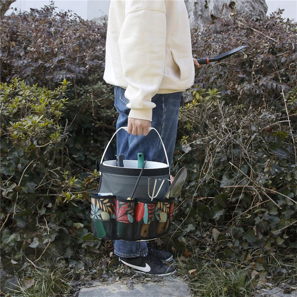 829807 600D Oxford Cloth Garden Tool Storage Bag 10 Pockets Gardening Tools Bucket Bag - Grey+Green Leaf - 7