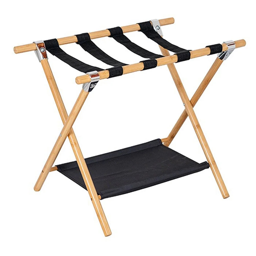 Portable Travel Hotel Luggage Rack Bamboo Foldable Double Layer Storage Rack - Natural Color - 1