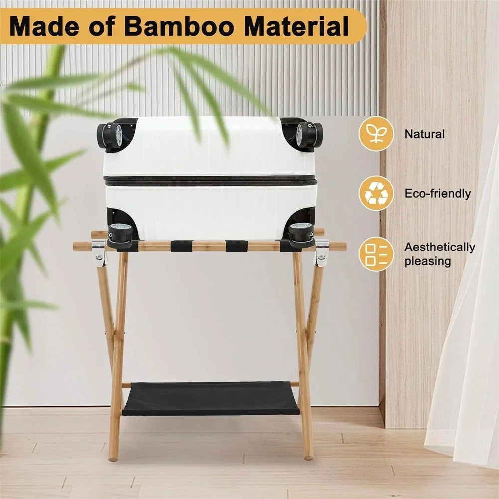 Portable Travel Hotel Luggage Rack Bamboo Foldable Double Layer Storage Rack - Natural Color - 2