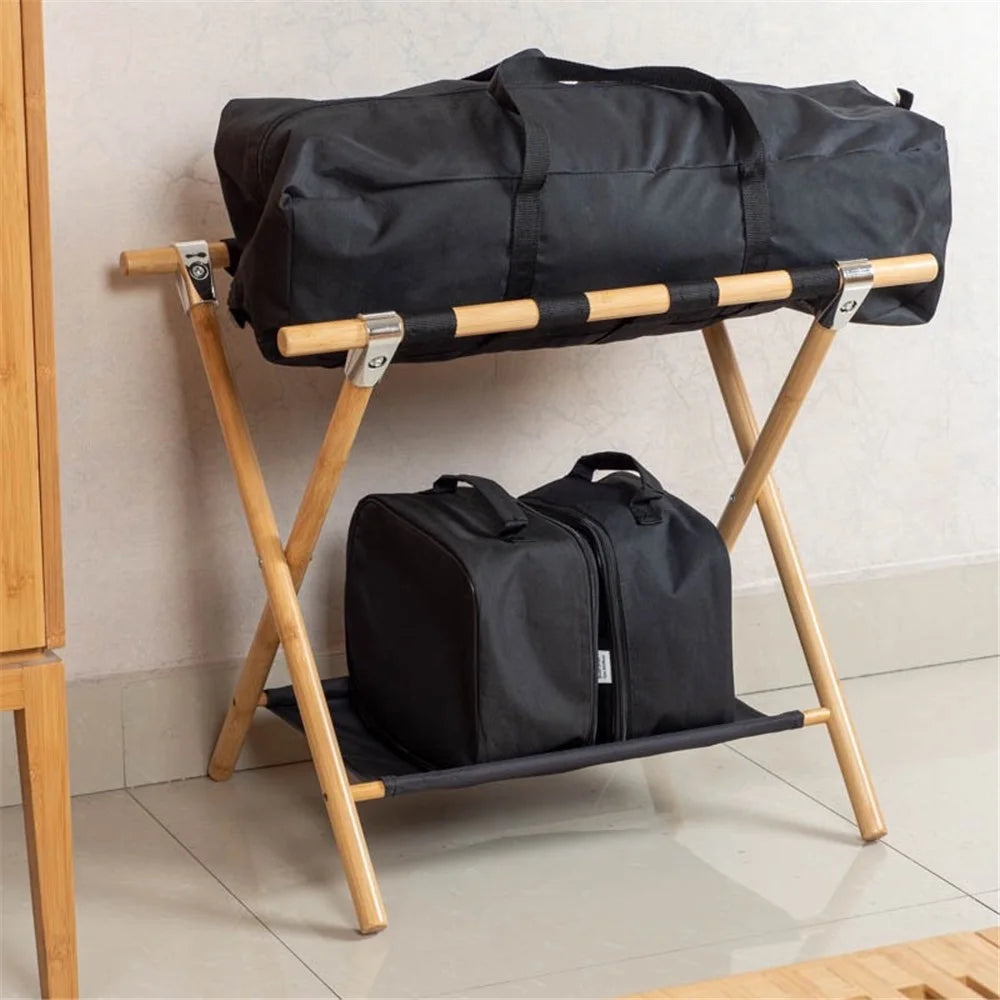 Portable Travel Hotel Luggage Rack Bamboo Foldable Double Layer Storage Rack - Natural Color - 3