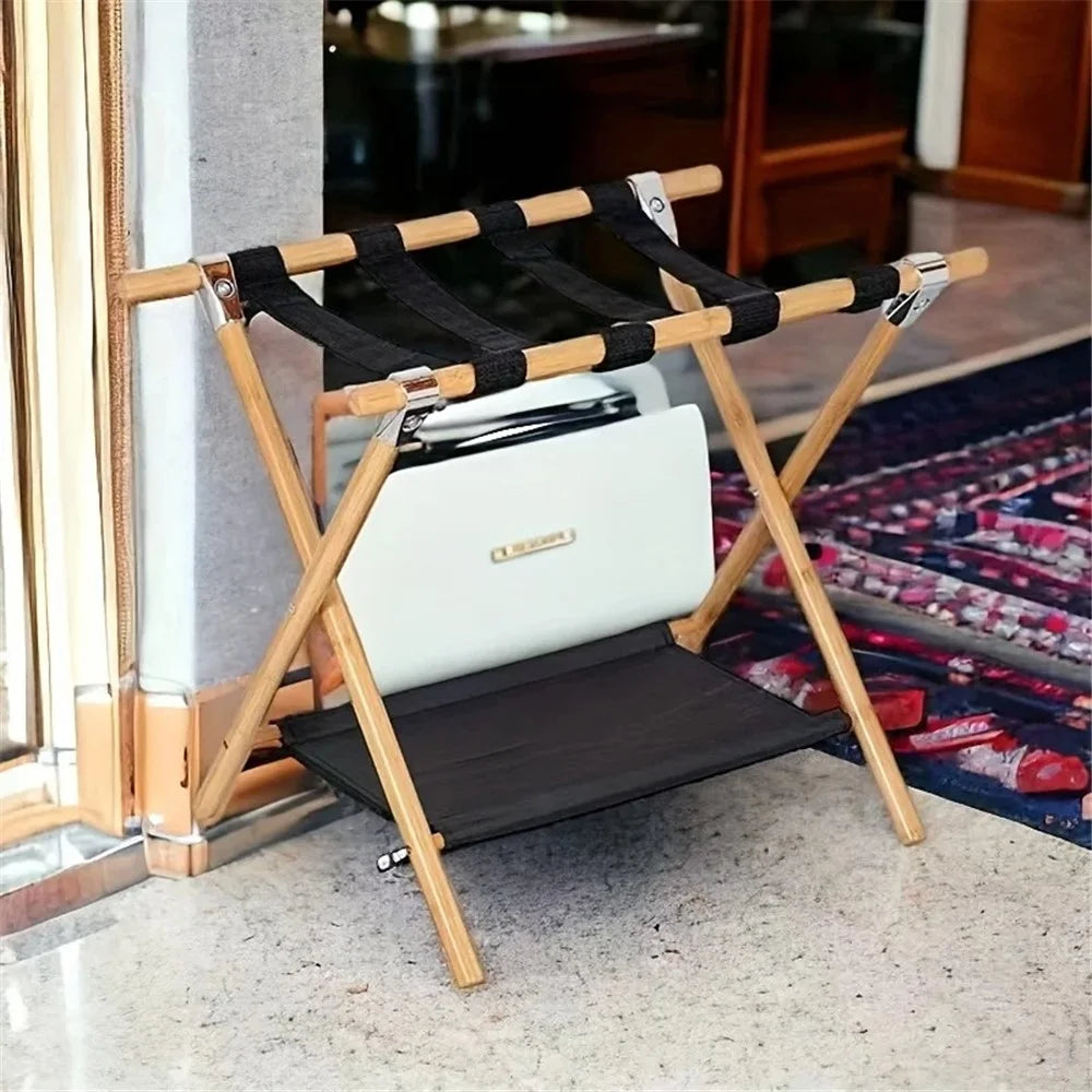 Portable Travel Hotel Luggage Rack Bamboo Foldable Double Layer Storage Rack - Natural Color - 5