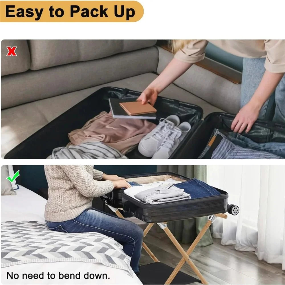 Portable Travel Hotel Luggage Rack Bamboo Foldable Double Layer Storage Rack - Natural Color - 6