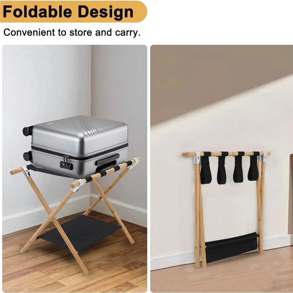 Portable Travel Hotel Luggage Rack Bamboo Foldable Double Layer Storage Rack - Natural Color - 7