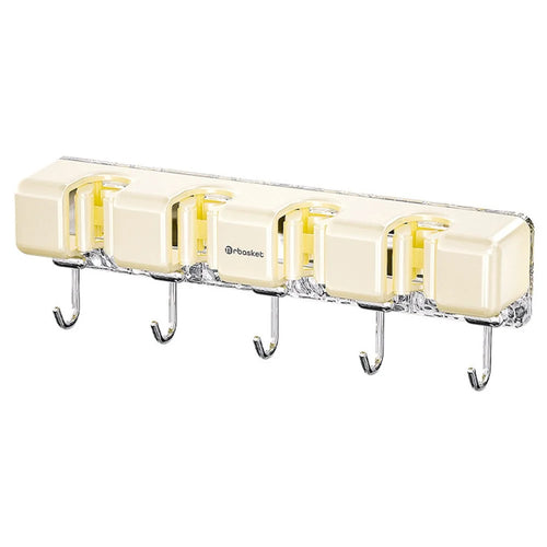 MRBASKET Punch Free Plastic Wall Mounted Mop Holder 4 Slots Broom Organizer with 5 Hooks - Cream Yellow+Silver - 1