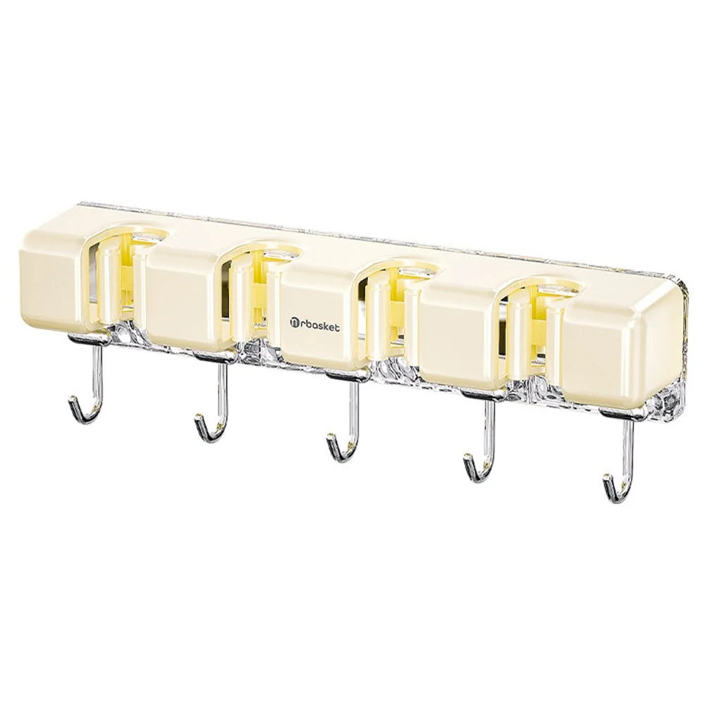 MRBASKET Punch Free Plastic Wall Mounted Mop Holder 4 Slots Broom Organizer with 5 Hooks - Cream Yellow+Silver - 1