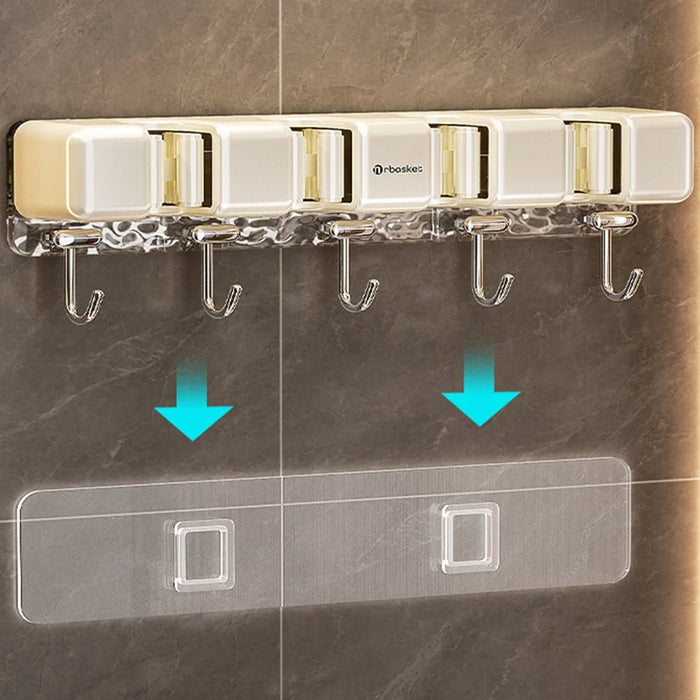 MRBASKET Punch Free Plastic Wall Mounted Mop Holder 4 Slots Broom Organizer with 5 Hooks - Cream Yellow+Silver - 2