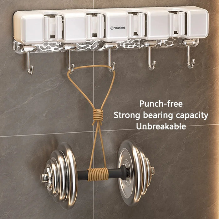 MRBASKET Punch Free Plastic Wall Mounted Mop Holder 4 Slots Broom Organizer with 5 Hooks - Cream Yellow+Silver - 3