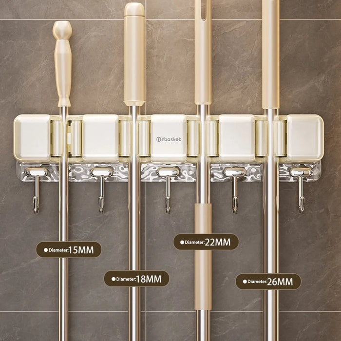 MRBASKET Punch Free Plastic Wall Mounted Mop Holder 4 Slots Broom Organizer with 5 Hooks - Cream Yellow+Silver - 5