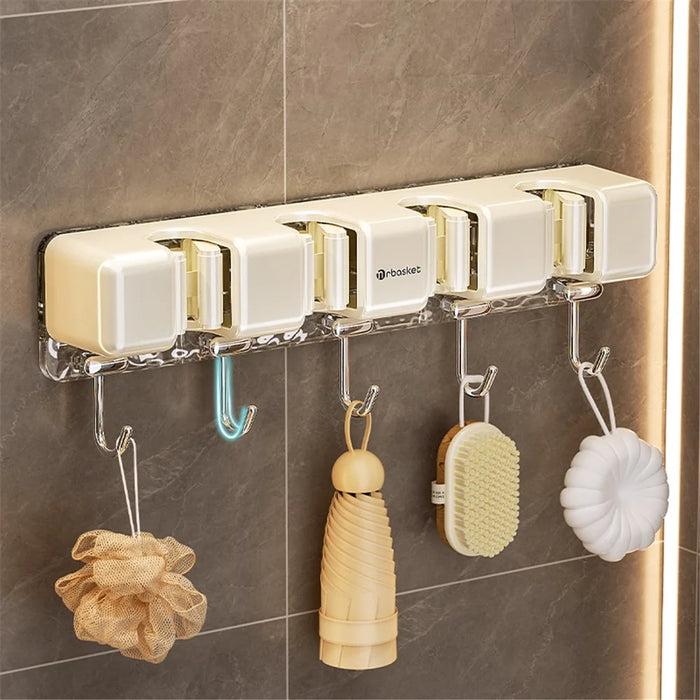 MRBASKET Punch Free Plastic Wall Mounted Mop Holder 4 Slots Broom Organizer with 5 Hooks - Cream Yellow+Silver - 6