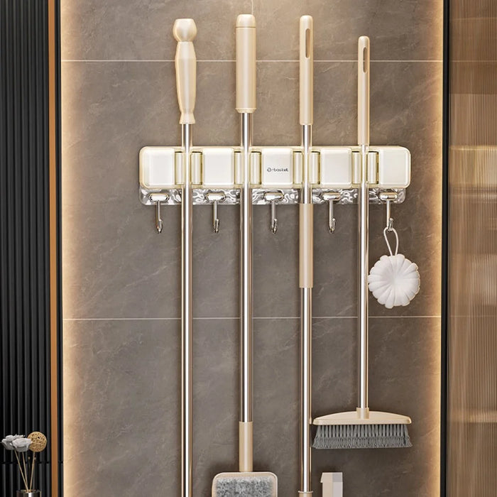 MRBASKET Punch Free Plastic Wall Mounted Mop Holder 4 Slots Broom Organizer with 5 Hooks - Cream Yellow+Silver - 7