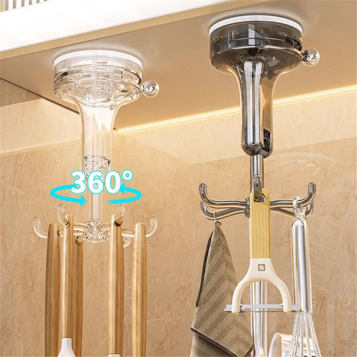 Multi-Function Suction Cup Wall-Mounted Rotating Hanger Utensil Holder with 6 Hooks - Transparent Grey - 6