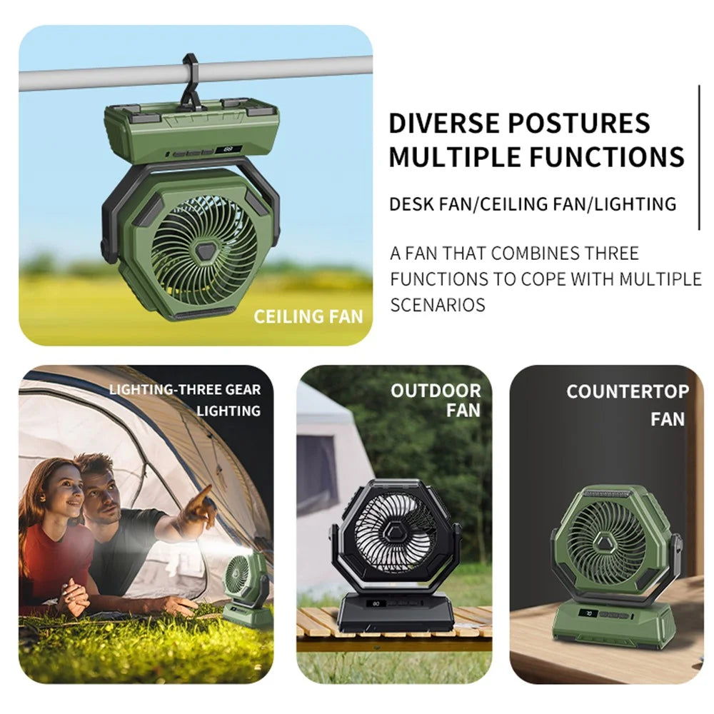 A26 Camping Fan with LED Lantern 6000mAh Outdoor Fan 270-degree Head Rotation - Green - 6