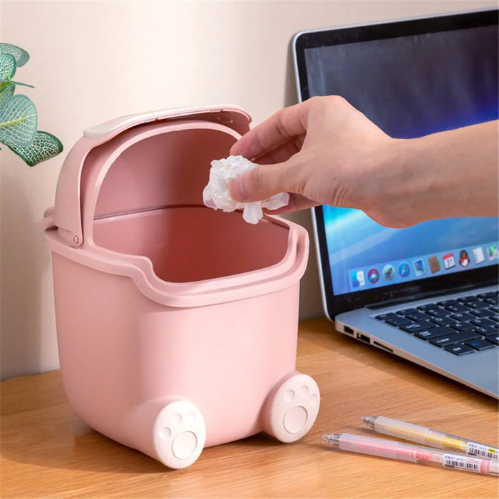 Cartoon Creative Flip Lid Desktop Trash Can Mini Home Office Garbage Bin - Dark Blue Monster - 3