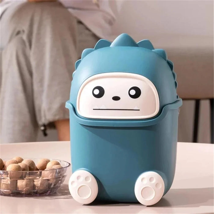 Cartoon Creative Flip Lid Desktop Trash Can Mini Home Office Garbage Bin - Dark Blue Monster - 4