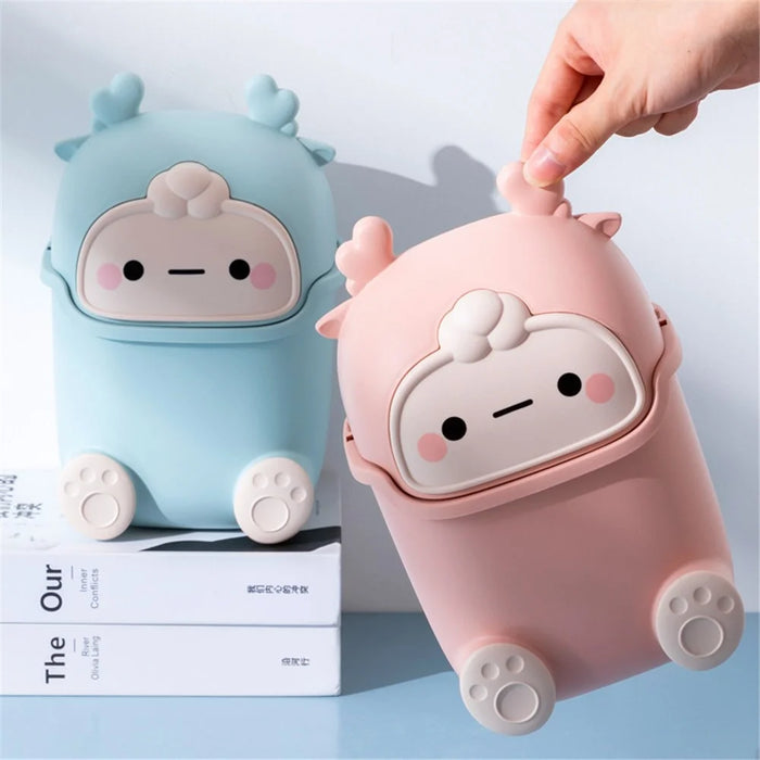 Cartoon Creative Flip Lid Desktop Trash Can Mini Home Office Garbage Bin - Dark Blue Monster - 5