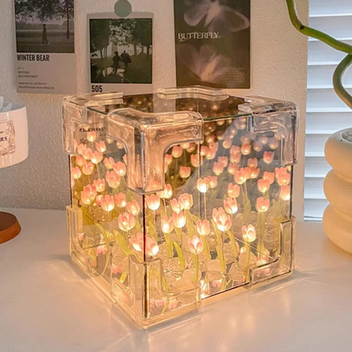 Romantic Tulip Mirror Lamp DIY Cube Shape Tulip Night Light Bedroom Decor, 20 Tulips / Battery Powered - Pink - 1