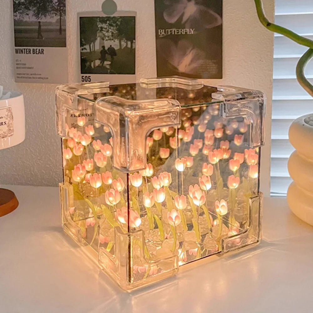 Romantic Tulip Mirror Lamp DIY Cube Shape Tulip Night Light Bedroom Decor, 20 Tulips / Battery Powered - Pink - 1