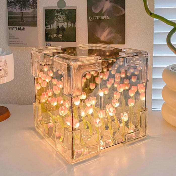Romantic Tulip Mirror Lamp DIY Cube Shape Tulip Night Light Bedroom Decor, 20 Tulips / Battery Powered - Pink - 1