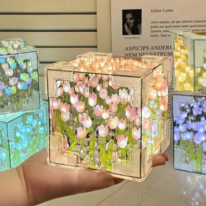 Romantic Tulip Mirror Lamp DIY Cube Shape Tulip Night Light Bedroom Decor, 20 Tulips / Battery Powered - Pink - 4