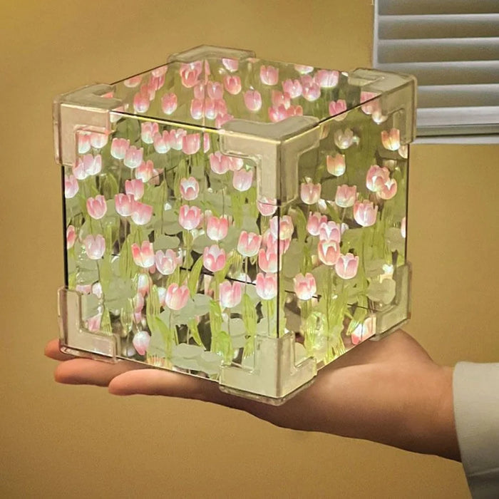 Romantic Tulip Mirror Lamp DIY Cube Shape Tulip Night Light Bedroom Decor, 20 Tulips / Battery Powered - Pink - 6