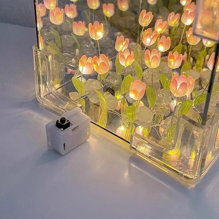 Romantic Tulip Mirror Lamp DIY Cube Shape Tulip Night Light Bedroom Decor, 20 Tulips / Battery Powered - Pink - 7