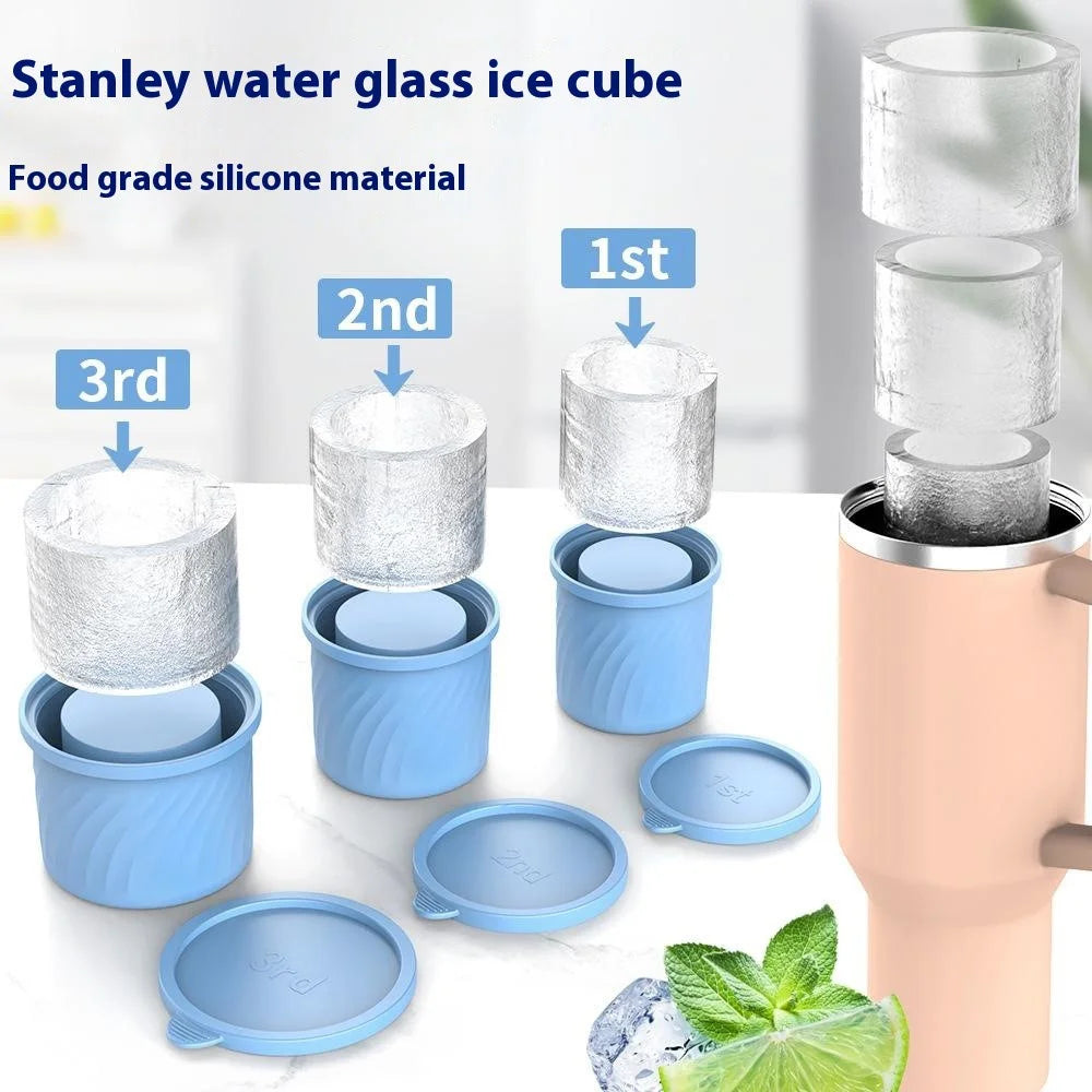 3Pcs / Set Food Grade Silicone Cylinder Ice Cube Mold with Lid for 24 / 30 / 40oz Stanley Cups (BPA Free, No FDA) - Blue - 3