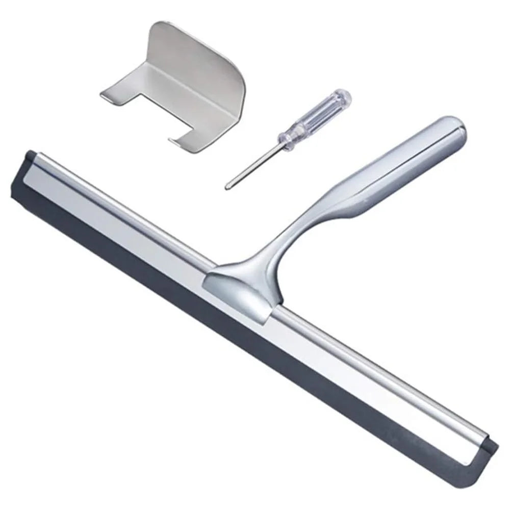 Stainless Steel Bathroom Glass Water Scraper Home Window Wiper Squeegee with Adhesive Hang Rack - 1