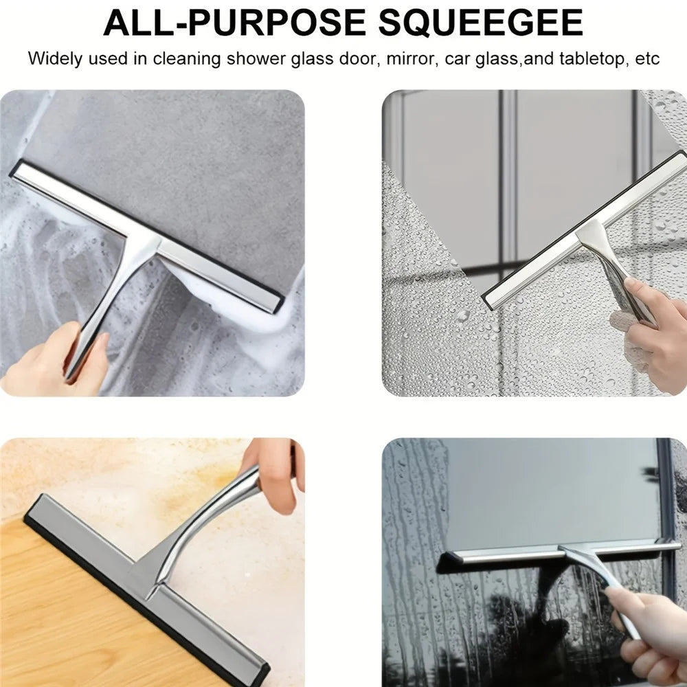 Stainless Steel Bathroom Glass Water Scraper Home Window Wiper Squeegee with Adhesive Hang Rack - 3