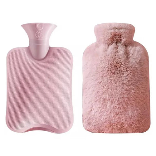 1000ML Refillable Hot Water Bag with Removeable Faux Fur Cover Winter Hand Feet Warmer Water Bottle - Pink - 1